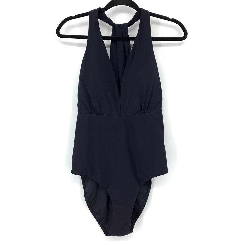 JETS Australia One Piece Halter Draped Back V-Neck Swimsuit Womens US 10 Black